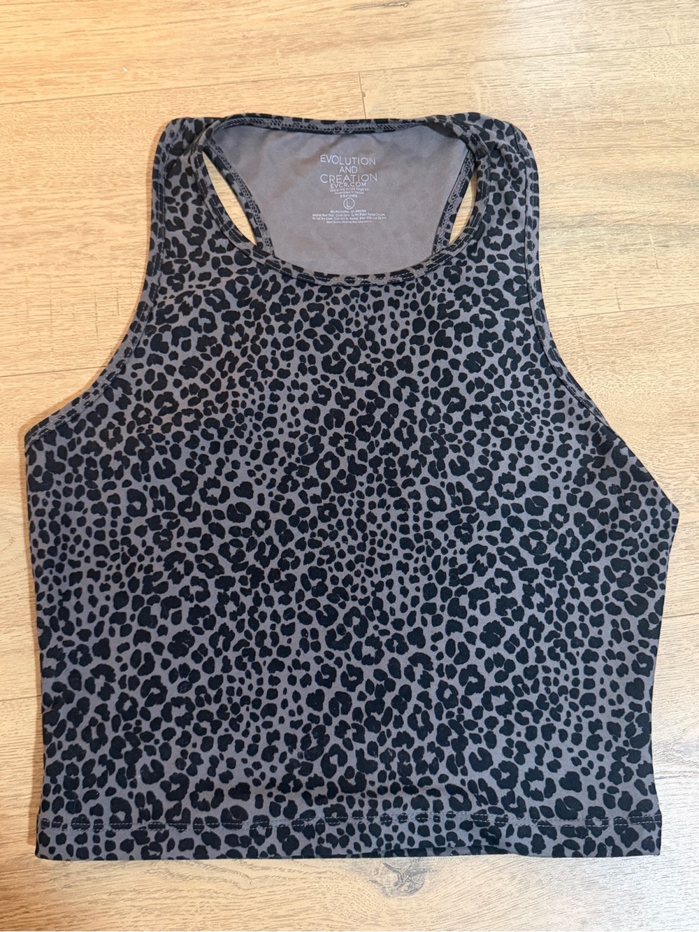 Evolution and Creation Gray and Black Leopard Racerback Athletic Crop Tank